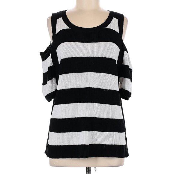 TWO by Vince Camuto Black and White Cold Shoulder Short Sleeve Sweater - Picture 1 of 11